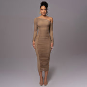 Diagonal Collar Long Sleeve High Waist Mesh Dress