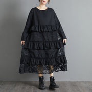 Black Lace Stitching Long Sleeve Loose Retro Dress
