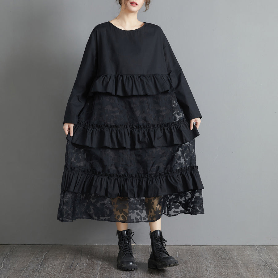 Black Lace Stitching Long Sleeve Loose Retro Dress