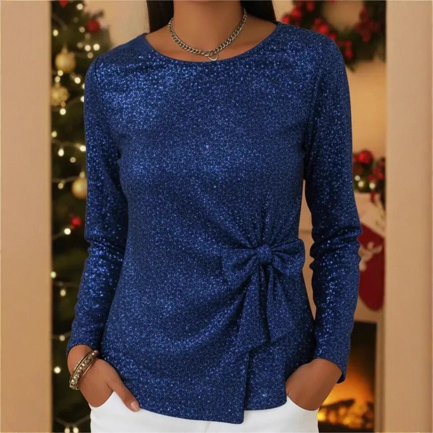 Holiday Style Shiny Lace-up Bow-knot Long-sleeve Top