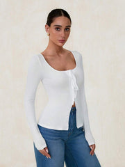 Pure Desire Low Neck Large Neckline Tie Long Sleeve Cardigan Top