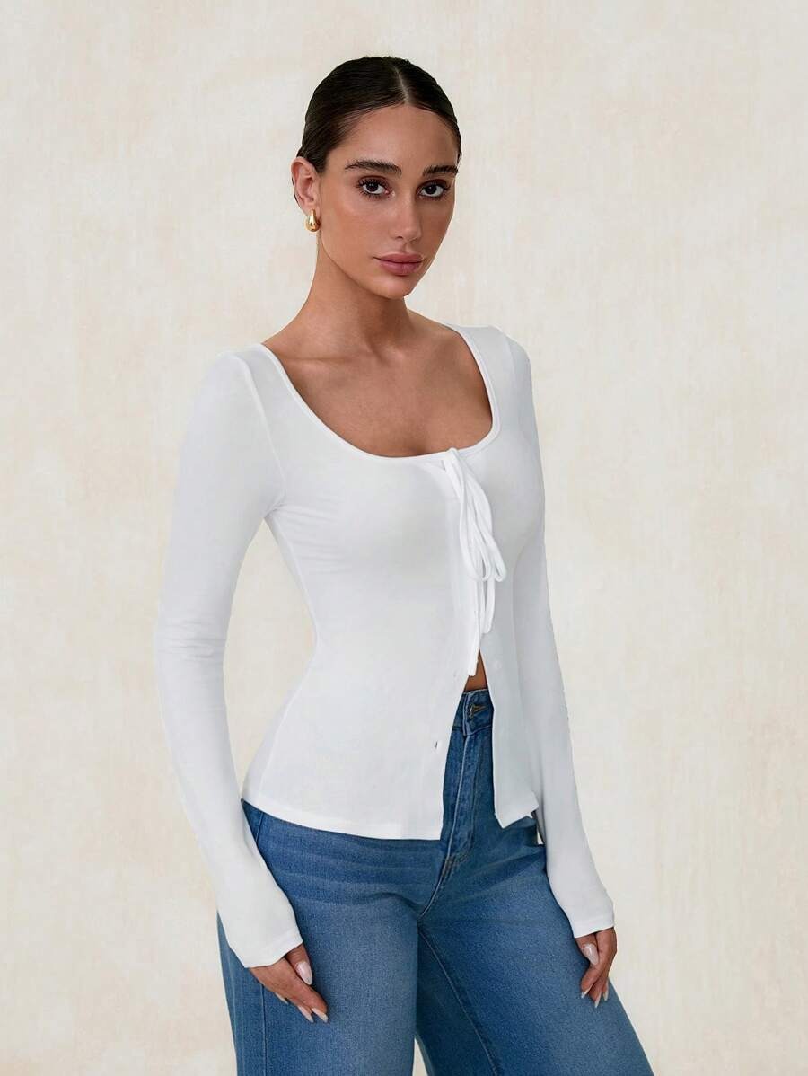 Pure Desire Low Neck Large Neckline Tie Long Sleeve Cardigan Top