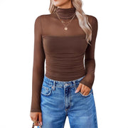 Round Neck Mesh Stitching Sheer Long Sleeve Top