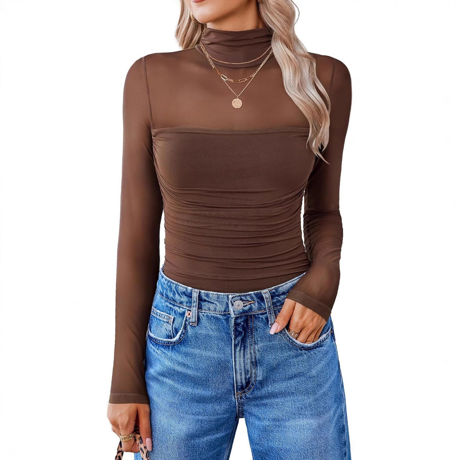 Round Neck Mesh Stitching Sheer Long Sleeve Top