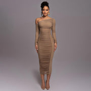 Diagonal Collar Long Sleeve High Waist Mesh Dress