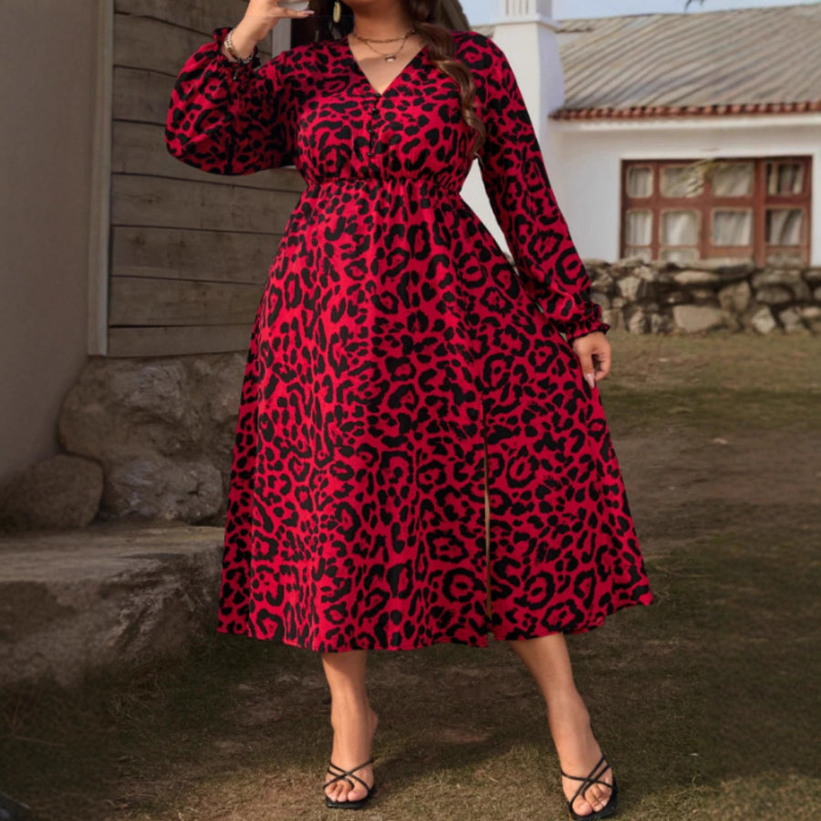 Elegant Sexy Leopard-Print V-Neck Plus-Size Dress