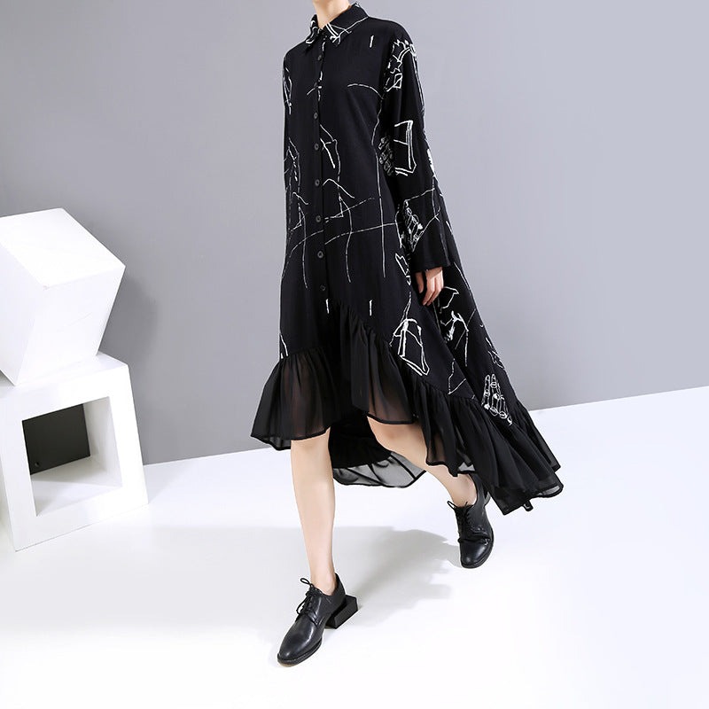 Black Loose Chiffon Ruffle Dress