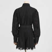 French Style Temperament Elegant Style Fashion Polo Collar Embroidered Lace Shirt Shorts Suit