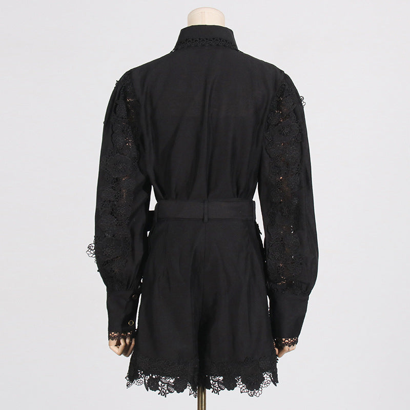 French Style Temperament Elegant Style Fashion Polo Collar Embroidered Lace Shirt Shorts Suit