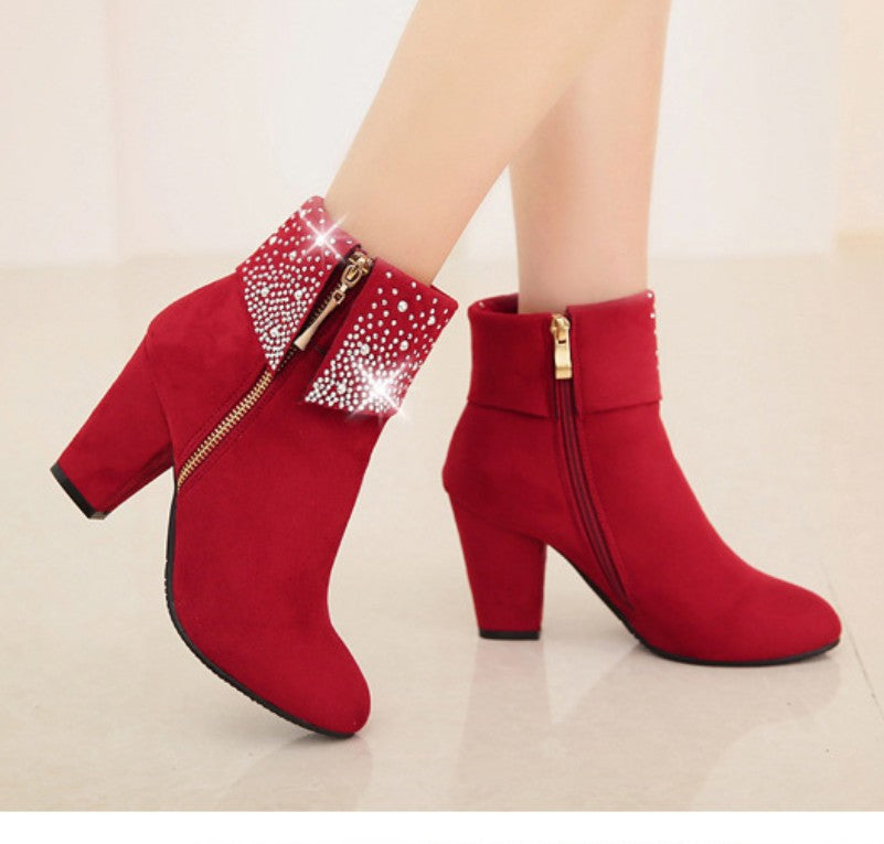 Elegant Rhinestone Nubuck Ankle Boots