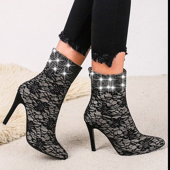 Sexy Lace Mesh Mid Heel Boots
