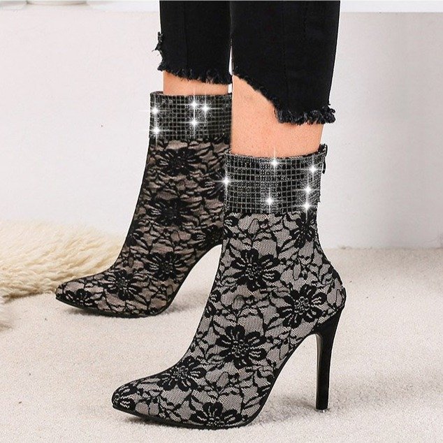 Sexy Lace Mesh Mid Heel Boots