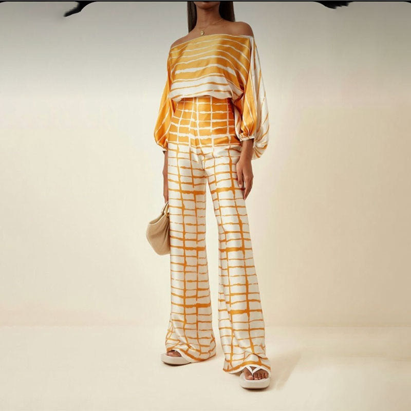 Chic Printed Batwing Sleeve Top & Wide-Leg Pants Set