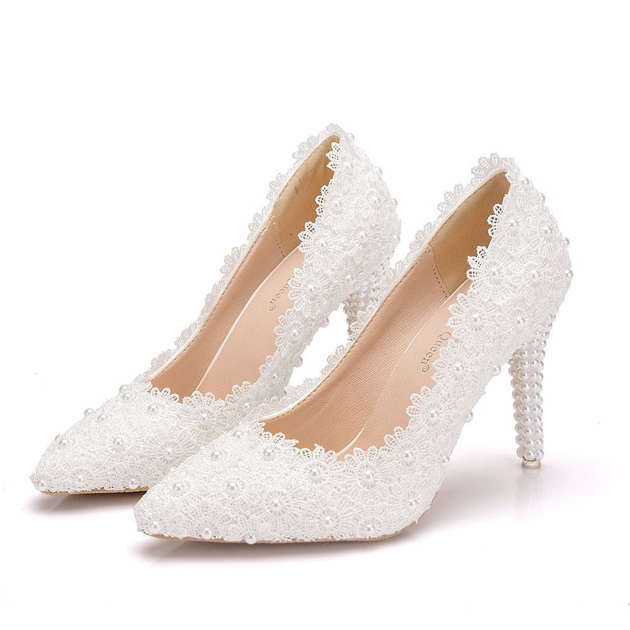 Elegant Pearl Lace Bridal Stiletto Heels