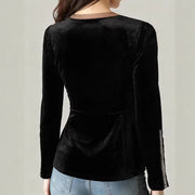 Black Velvet V-neck Figure-hugging Cinched-waist Top