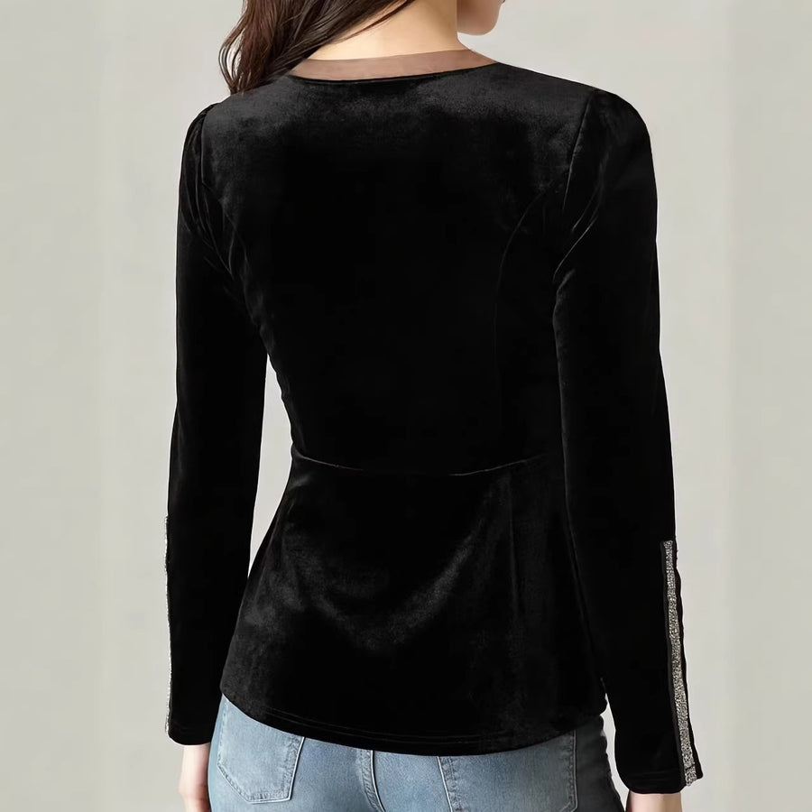 Black Velvet V-neck Figure-hugging Cinched-waist Top