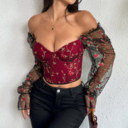 Embroidered Patchwork Sheer Mesh Long-Sleeve Top