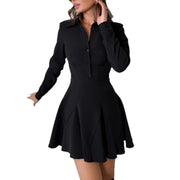 Black Long Sleeve Lapel Waist A-line Dress