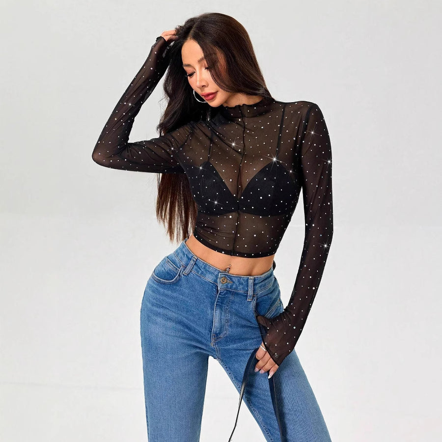 Shine with this Stand-up Collar Long-sleeved Mesh Transparent Sequined Decorative Top