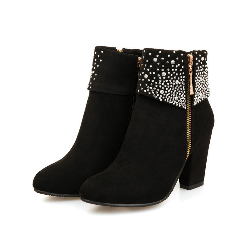 Elegant Rhinestone Nubuck Ankle Boots