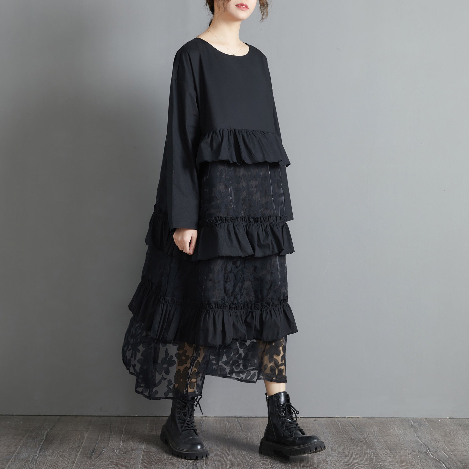 Black Lace Stitching Long Sleeve Loose Retro Dress