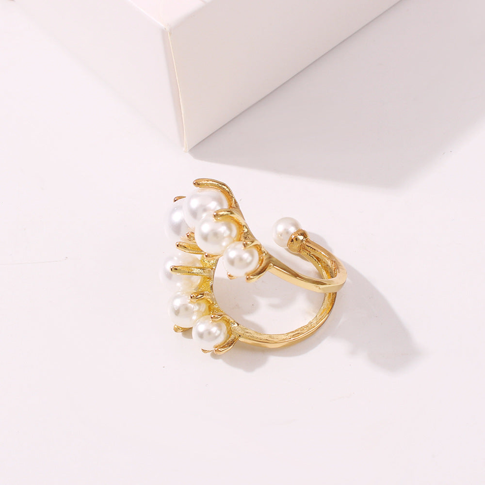 Big Geometric Pearl Paved Cool Ring
