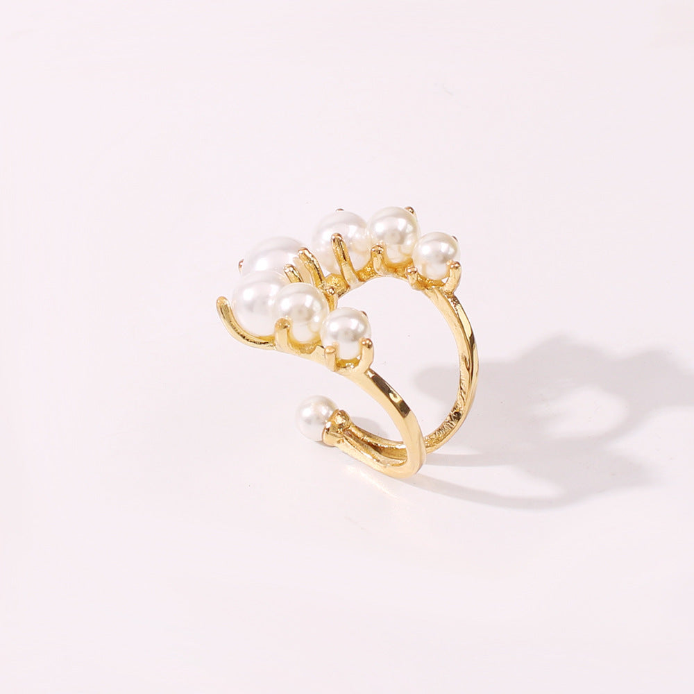 Big Geometric Pearl Paved Cool Ring