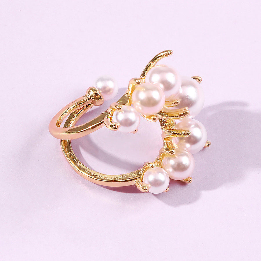 Big Geometric Pearl Paved Cool Ring
