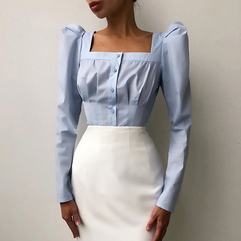 Square Neck Pleated Tunic, Elegant Blouse with Puff Sleeves