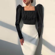 Square Neck Pleated Tunic, Elegant Blouse with Puff Sleeves