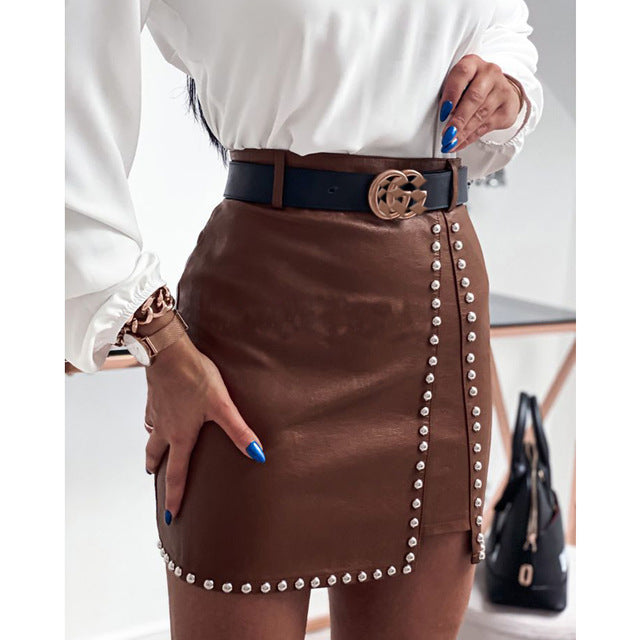 Elegant Rivets PU Leather Sexy Skirt