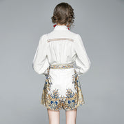 Chic White Blouse & Printed High-Waist Shorts Set
