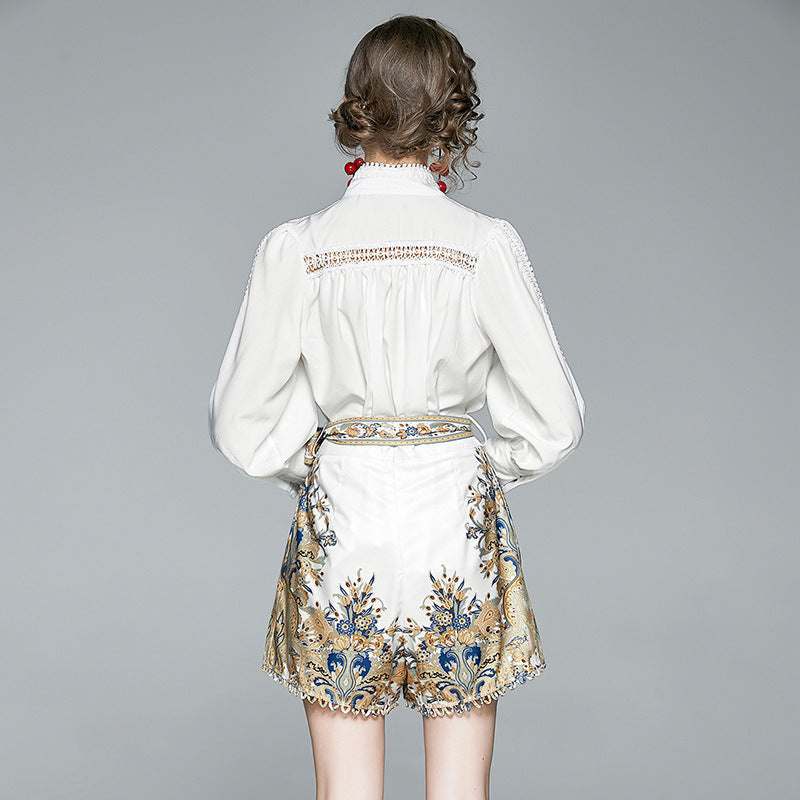 Chic White Blouse & Printed High-Waist Shorts Set