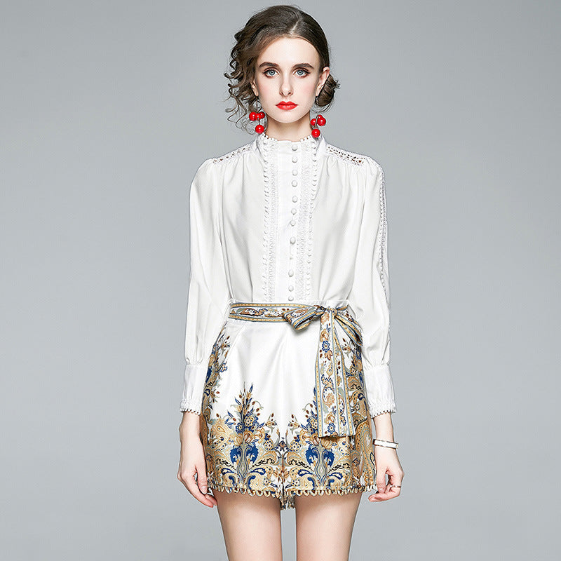 Chic White Blouse & Printed High-Waist Shorts Set