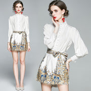 Chic White Blouse & Printed High-Waist Shorts Set