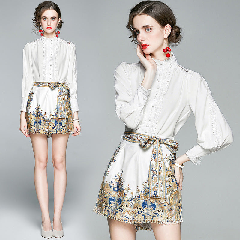 Chic White Blouse & Printed High-Waist Shorts Set