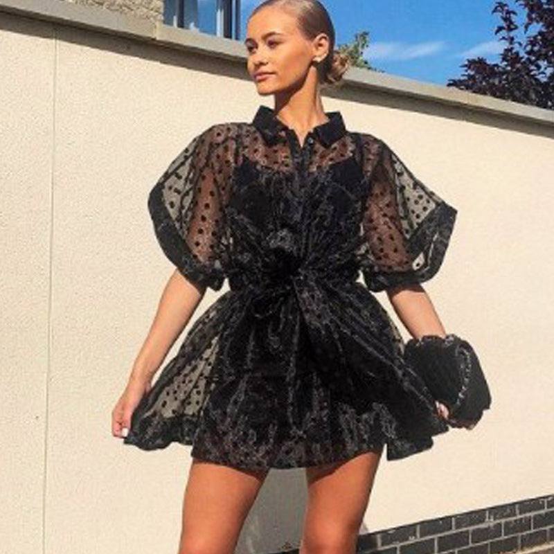 Hot & Sweet See-through Sexy Organza Blouse Lined With Suspenders Two-piece Casual Dress