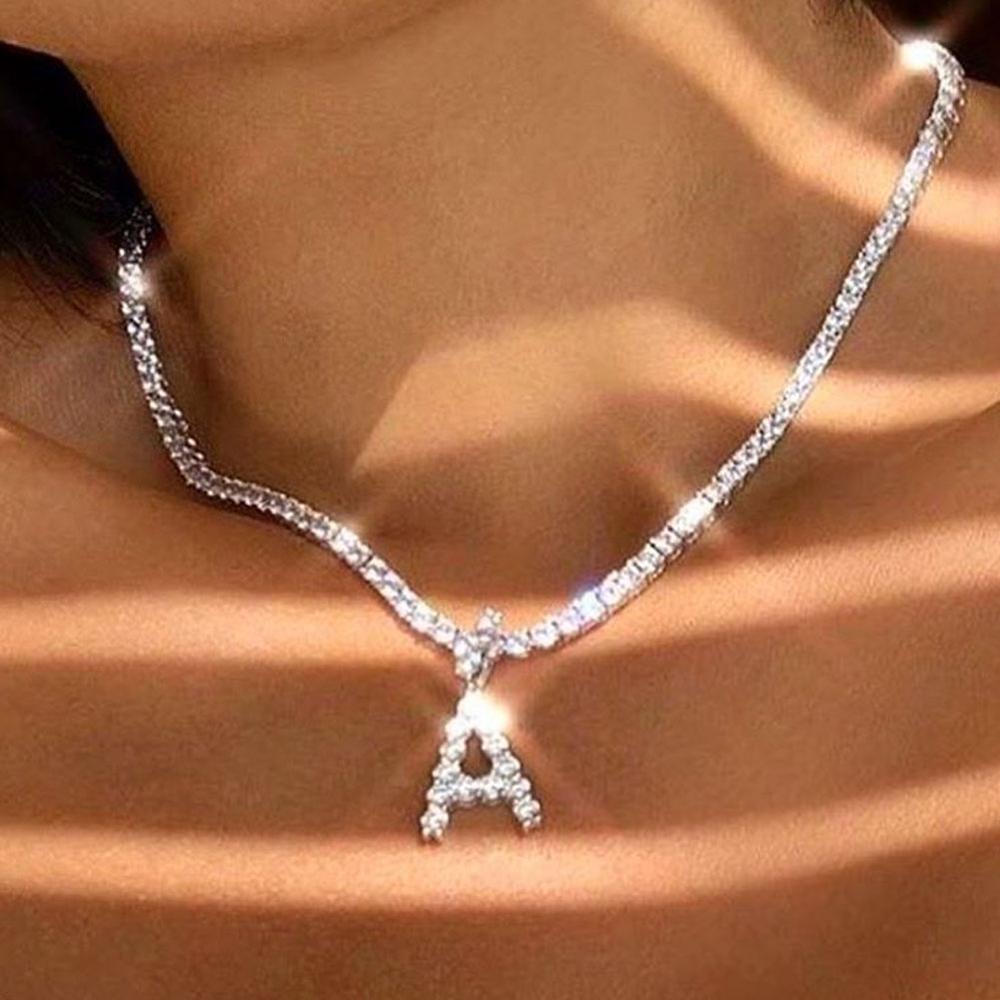Letter Shiny Rhinestone  Pendant Necklace