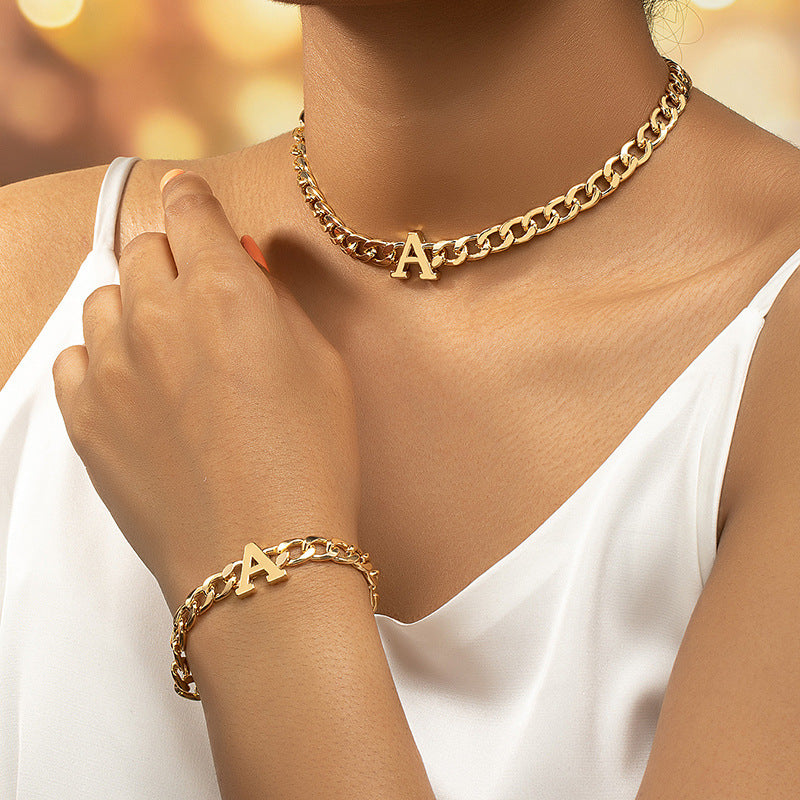 Golden Letter Necklace & Bracelet Set
