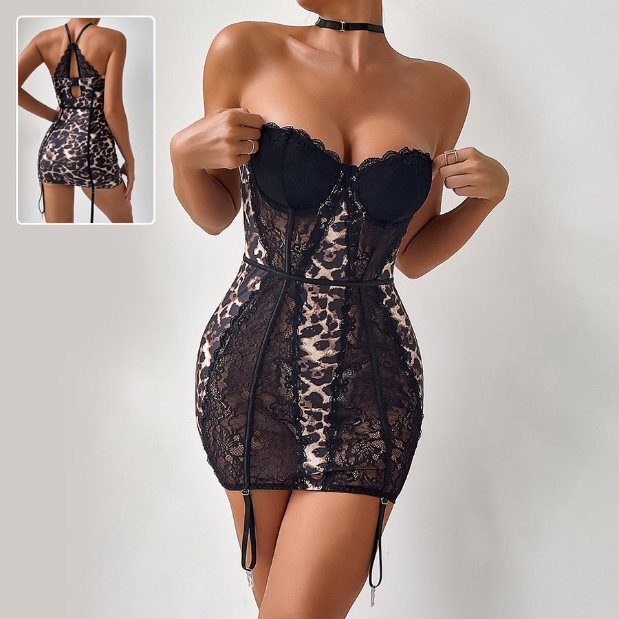 Sexy Leopard Lace Tube Top Dress - Corset Style