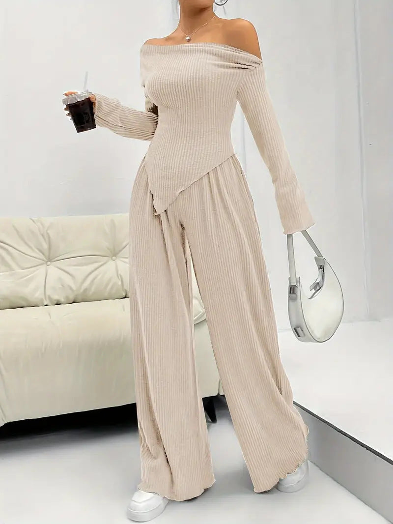 Solid-color Elegant Off-shoulder Sleeveless Shirt And Wide-leg Pants Set