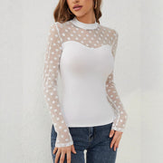 Mesh Dot Patchwork Stand-up Collar Pullover Slimming All-match Top