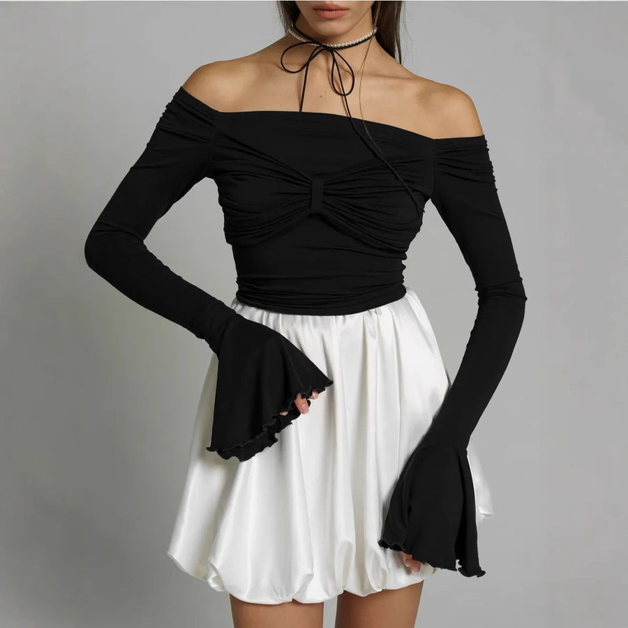 Sexy Off-shoulder Slim-fit Mesh Flared-sleeve Long Sleeve Top