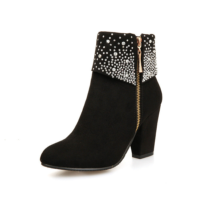 Elegant Rhinestone Nubuck Ankle Boots