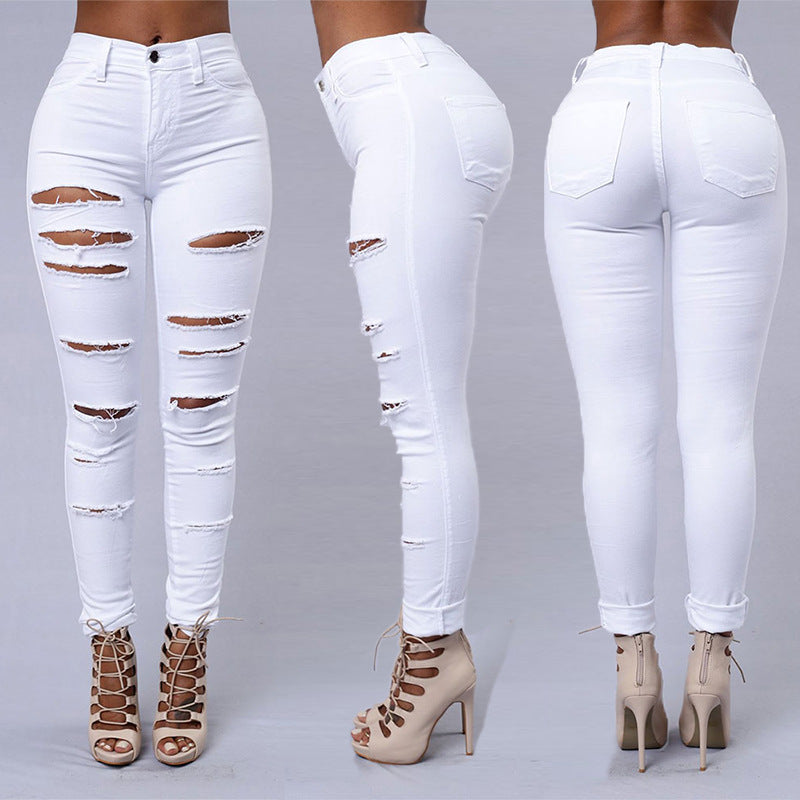 Ripped Jeans - Skinny Trousers - High Waist Pencil Pants