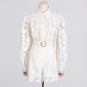 French Style Temperament Elegant Style Fashion Polo Collar Embroidered Lace Shirt Shorts Suit