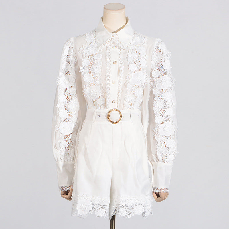 French Style Temperament Elegant Style Fashion Polo Collar Embroidered Lace Shirt Shorts Suit