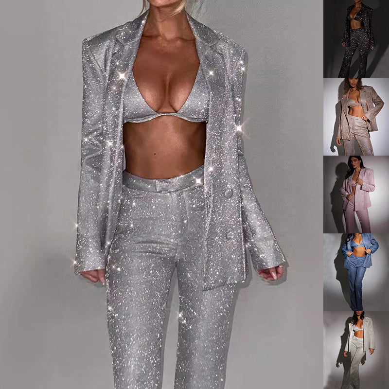 Super Sexy 3pcs Shiny Long-sleeved Suit With Bra Lapel Blazer And Straight-leg Trousers