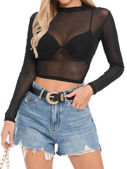 Simple And Sexy Slim-fit See-through Tight Long Sleeve Mesh Top