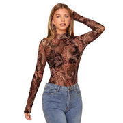 Paisley Printed Stand Collar Mesh Long Sleeve Top